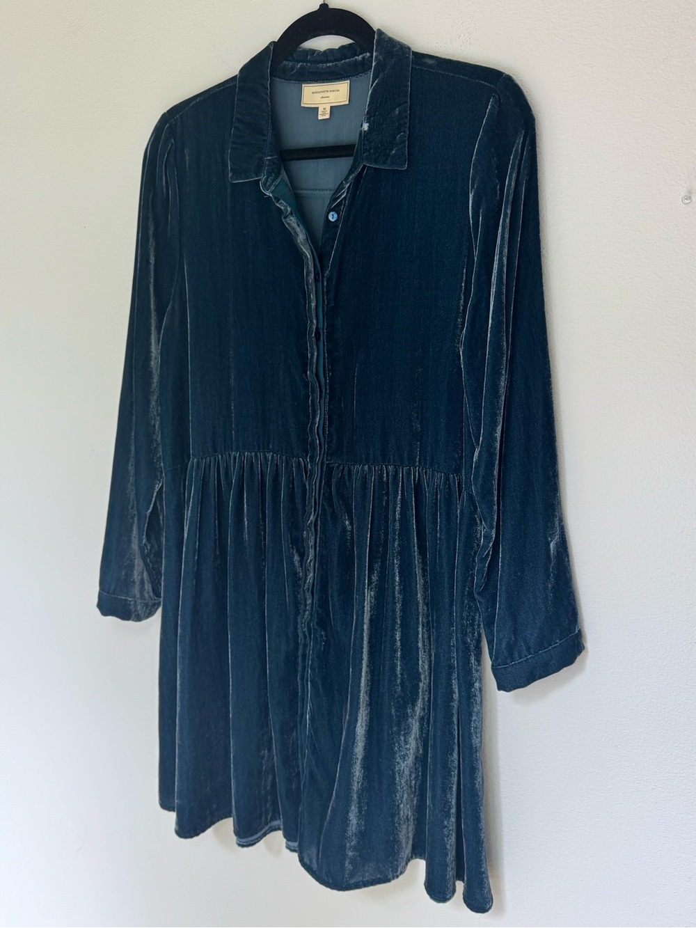 Moulinette Soeurs Teal Velvet Button-Front Long Sleeve Dress